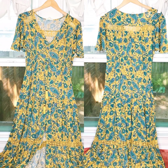 Avenue Dresses & Skirts - Aveology Avenue Floral Paisley Yellow Blue Crochet Maxi Dress Boho Short Sleeve
